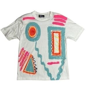 Vintage 80s Top Silver Threads White Geometric Graphic Short Sleeve Size Small